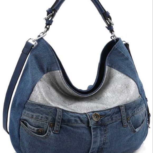 LeMiel Chillx. Medium Denim Hobo Style Handbag 90s Bohemian Silver Foil Accent - Picture 3 of 11